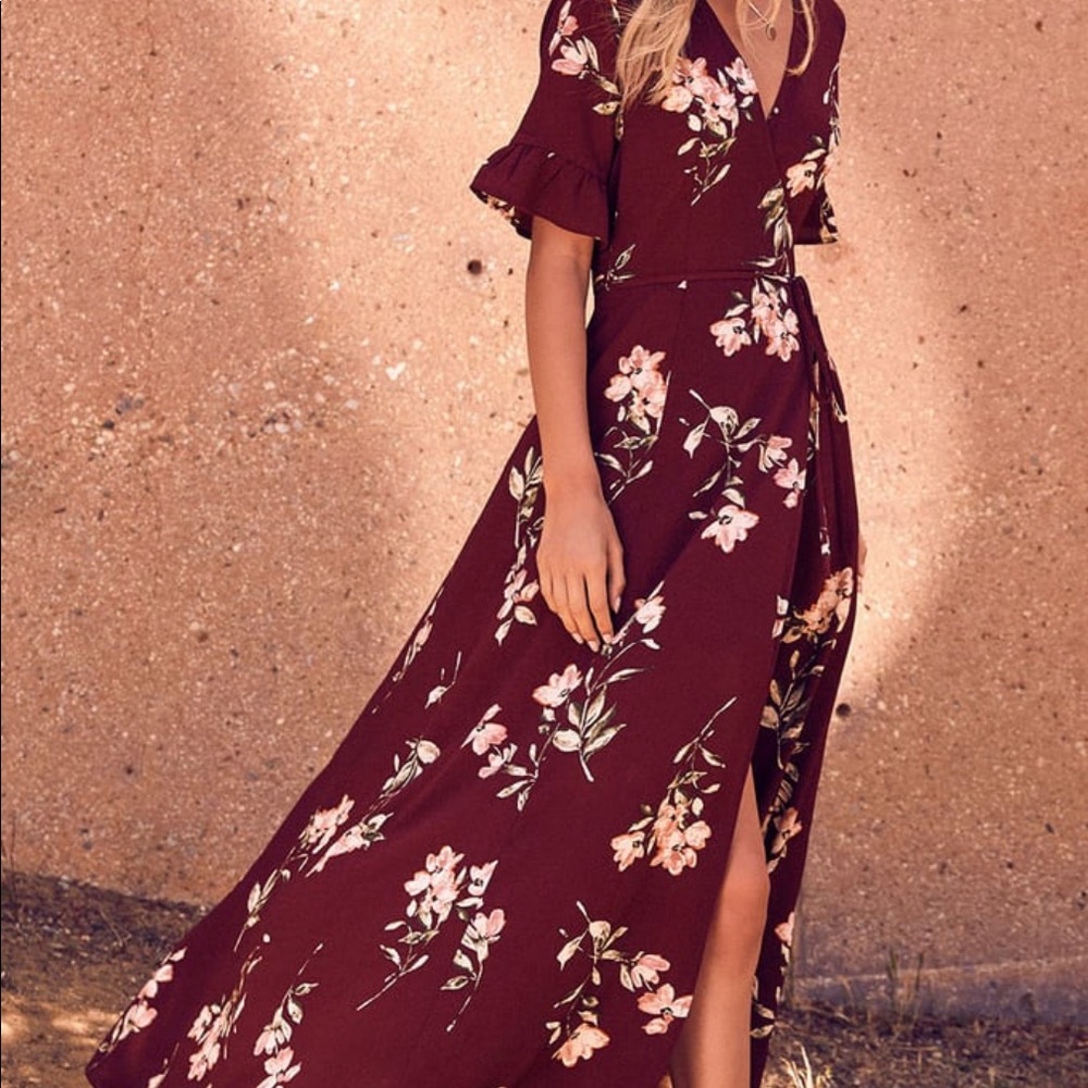 Lulus September Sunsets Burgundy Floral Print Wrap Dress - Picture 4 of 5